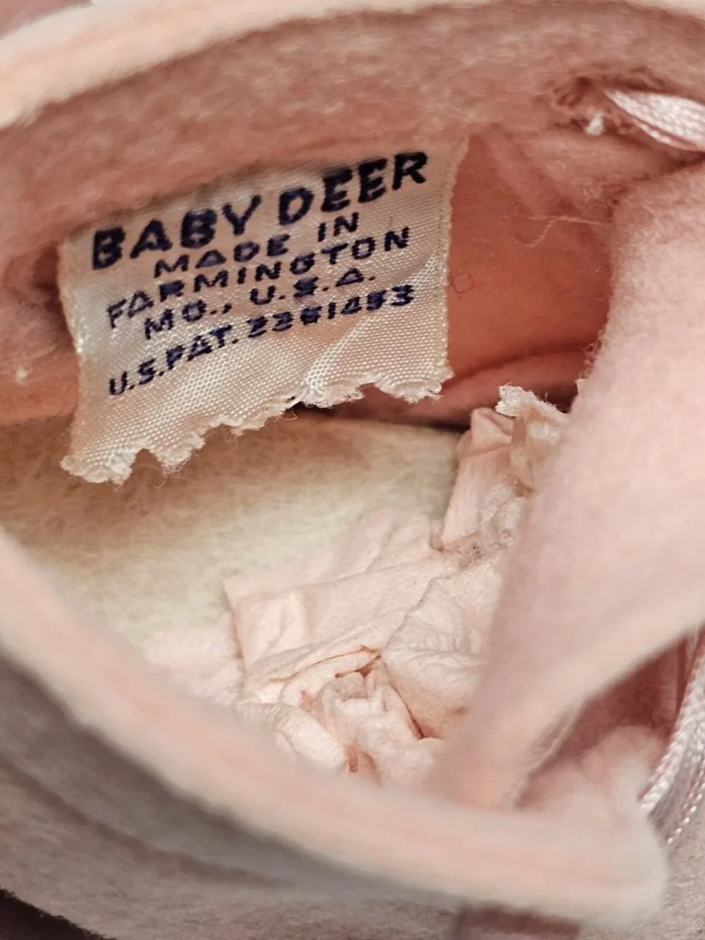 Vintage Infant Baby Deer Pink Felt Wool Satin Lace Made in Farmington USA Shoes